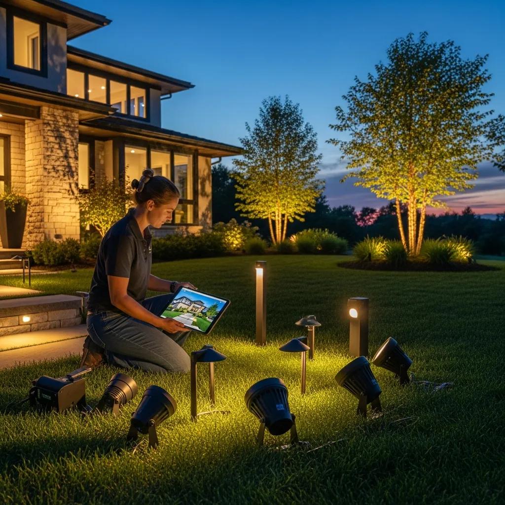 Landscape lighting designer planning customized outdoor lighting solutions