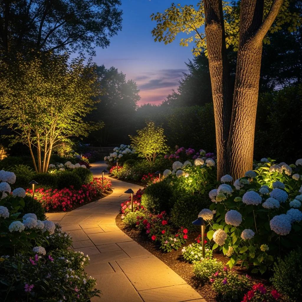 Twilight Solutions | Illuminate Your Home: Outdoor Lighting Design for Impact Layered landscape lighting creating an inviting outdoor space with path and spotlights