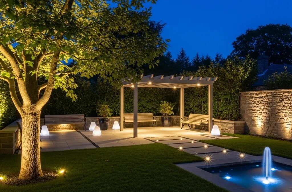 Layered outdoor lighting enhancing curb appeal with ambient, task, and accent lights