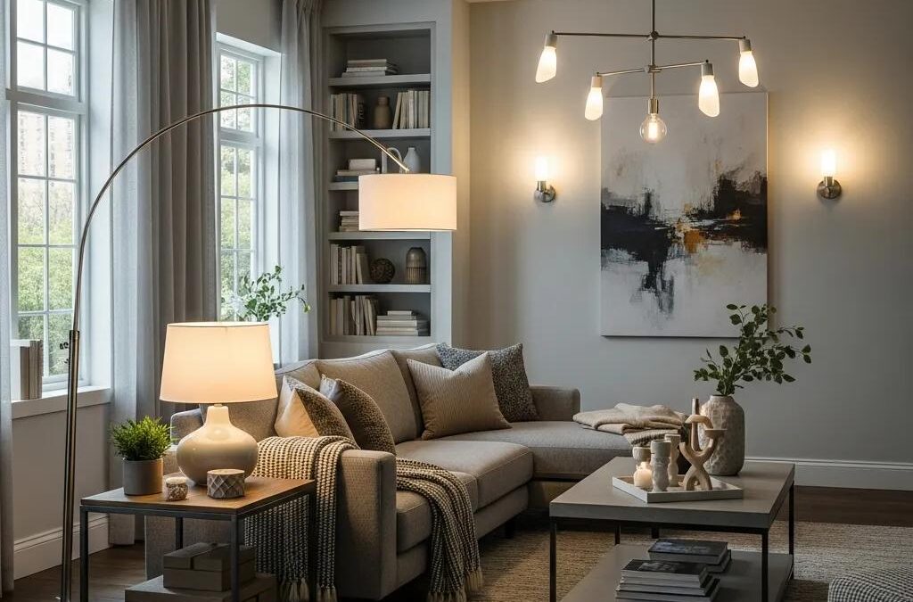 Modern living room with various lighting fixtures enhancing aesthetic appeal