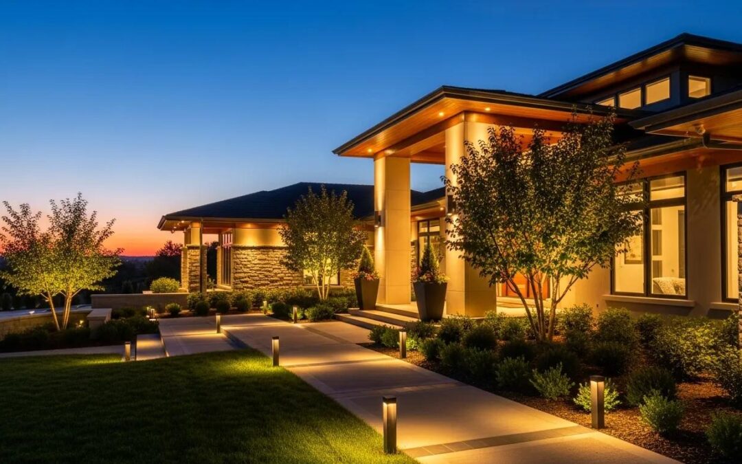 Custom landscape lighting illuminating a modern home at dusk, enhancing aesthetic appeal and safety with well-lit pathways and lush greenery.