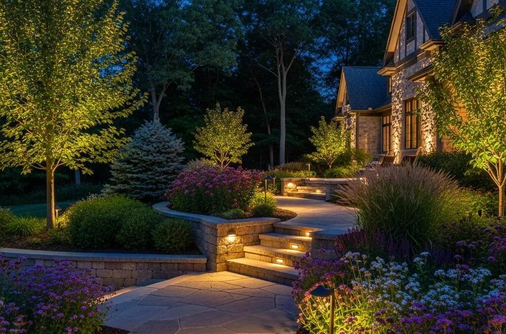 Custom outdoor lighting enhancing a landscaped home in Southern Wisconsin