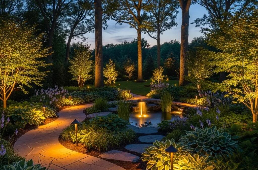 Elegant outdoor lighting illuminating a landscaped garden in Northern Illinois