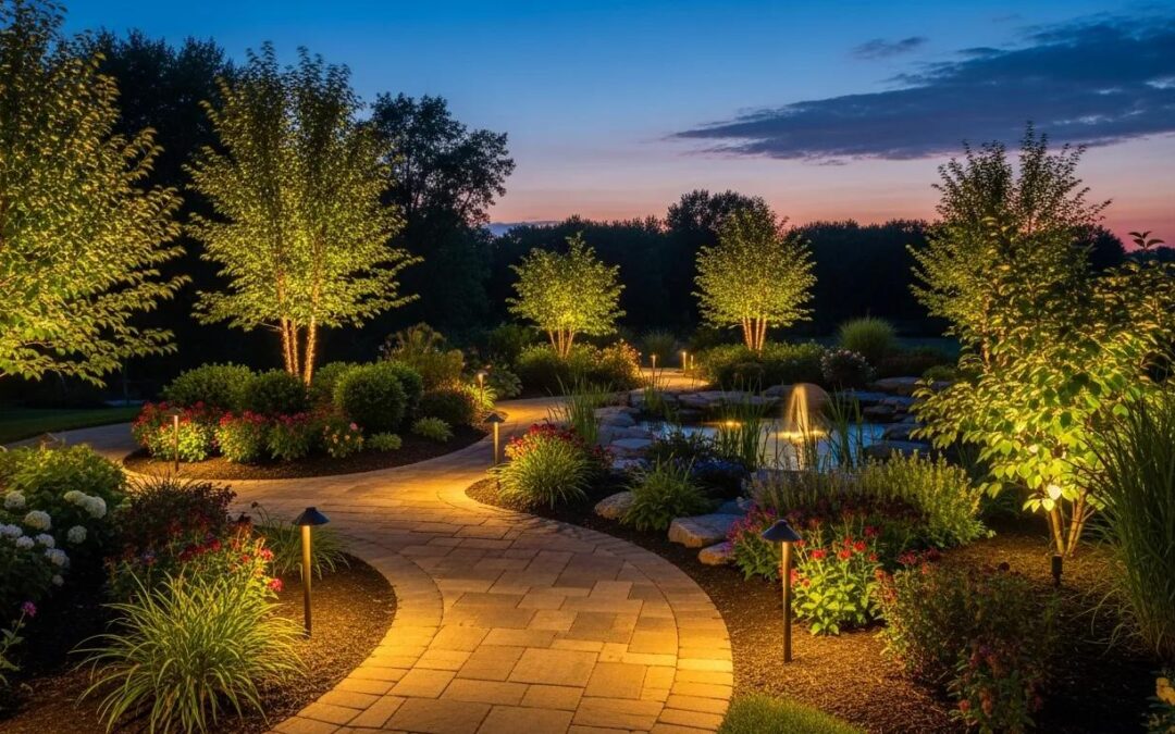Twilight Solutions | LED vs. Low-Voltage: Wisconsin Homeowners' Lighting Guide LED and low-voltage landscape lighting illuminating a garden in Wisconsin at twilight
