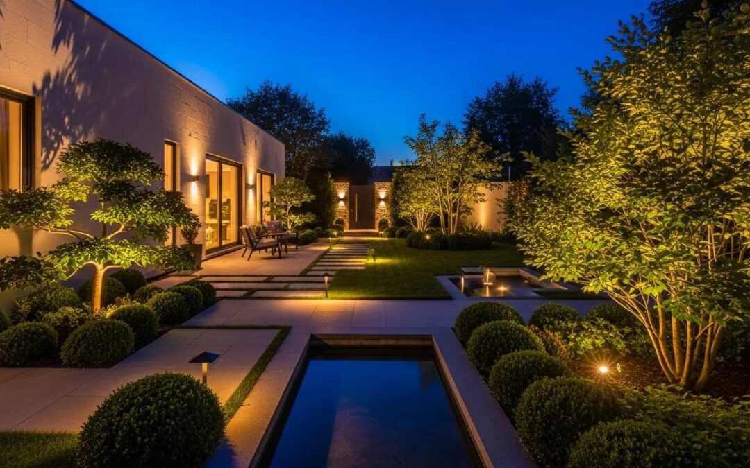 Outdoor space with architectural lighting design enhancing aesthetics and ambiance