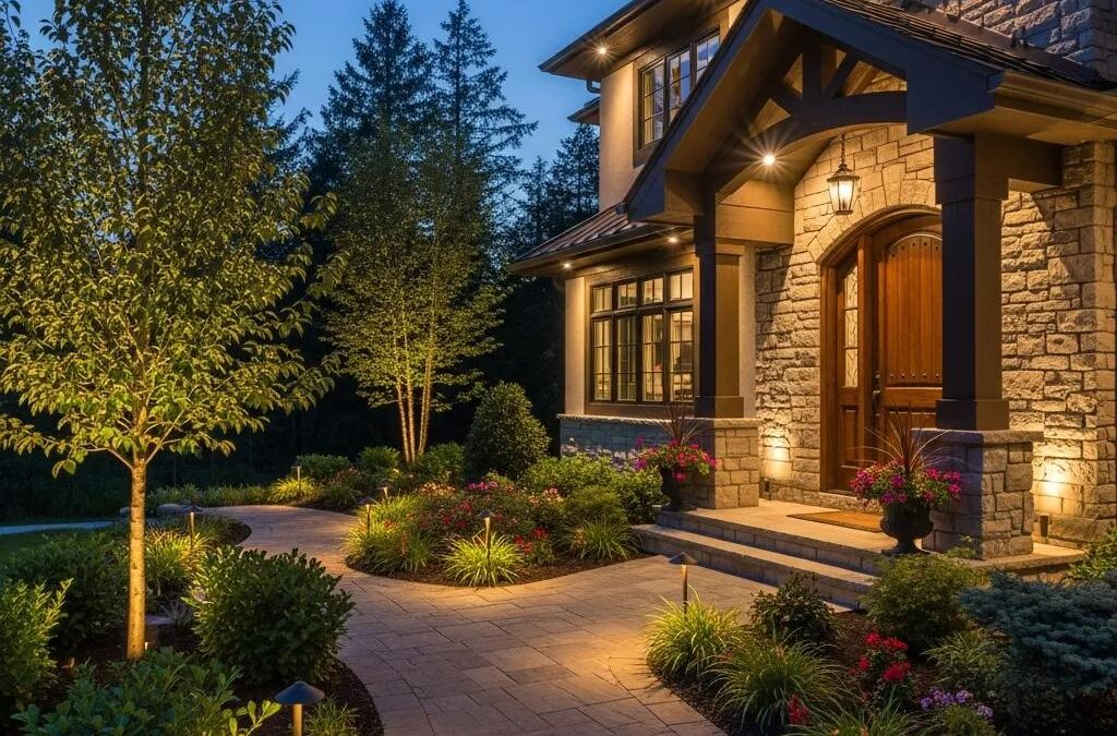 Professional outdoor lighting illuminating a beautifully landscaped home entrance, featuring stone architecture, vibrant flower beds, and a welcoming pathway, enhancing safety and aesthetics.
